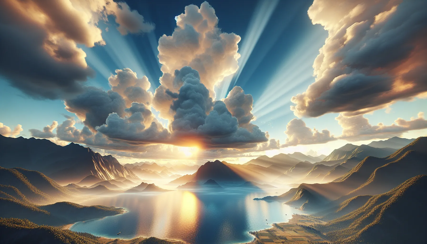 雲の合間から降り注ぐ太陽の光と、光に照らされる山々と湖