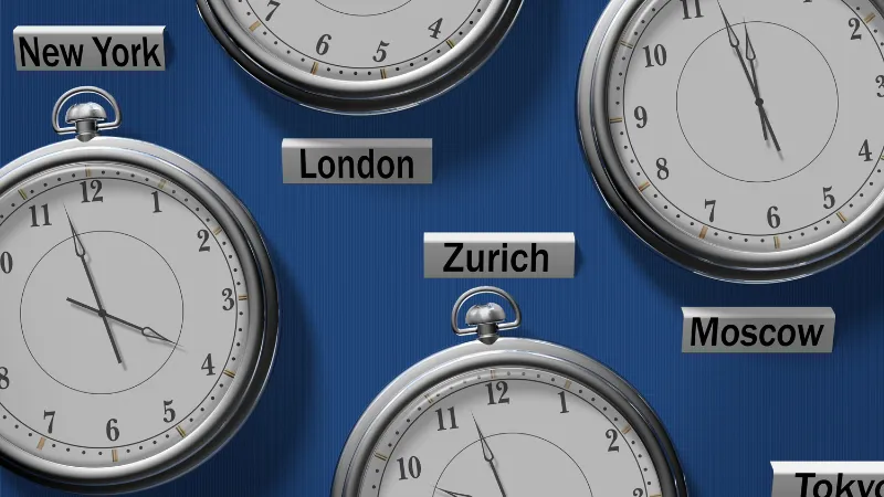 世界各国の時間帯を示しているたくさんの時計